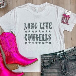 B170 White Long Live Cowgirls Star Print Round Neck T-Shirt